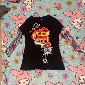 Black Graphic Long Sleeve Top with Colorful Sleeves